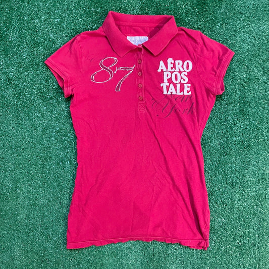 Red Aeropostale Polo Shirt w/ Rhinestone Logo & Embroidered Details