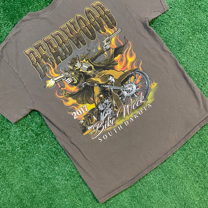Grey Graphic Vintage Style Bike Week Deadwood South Dakota Biker Tee