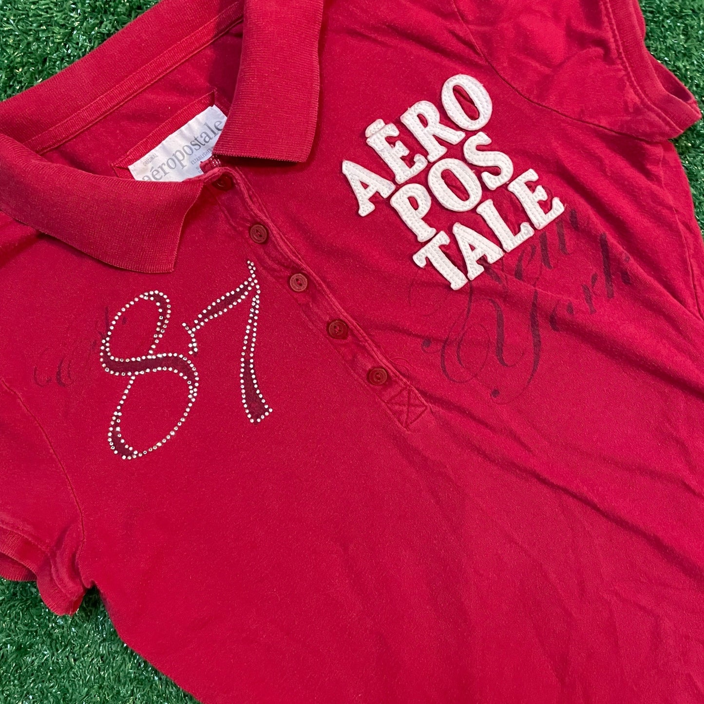 Red Aeropostale Polo Shirt w/ Rhinestone Logo & Embroidered Details