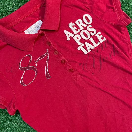 Red Aeropostale Polo Shirt w/ Rhinestone Logo & Embroidered Details