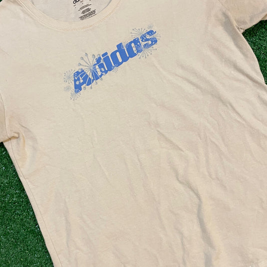 Adidas White and Blue Graphic Vintage T-Shirt