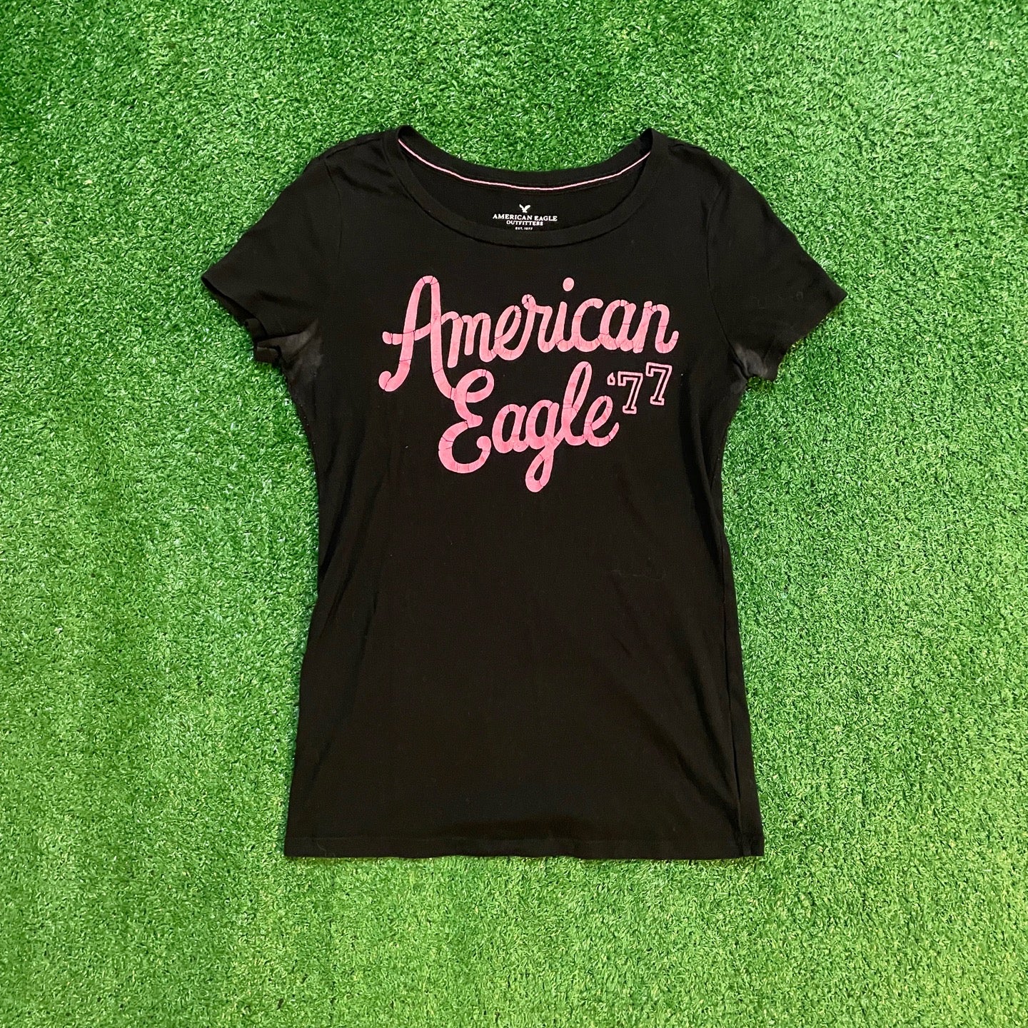 Black Vintage American Eagle Graphic Baby Tee w/ Pink Lettering