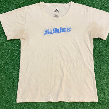 Adidas White and Blue Graphic Vintage T-Shirt