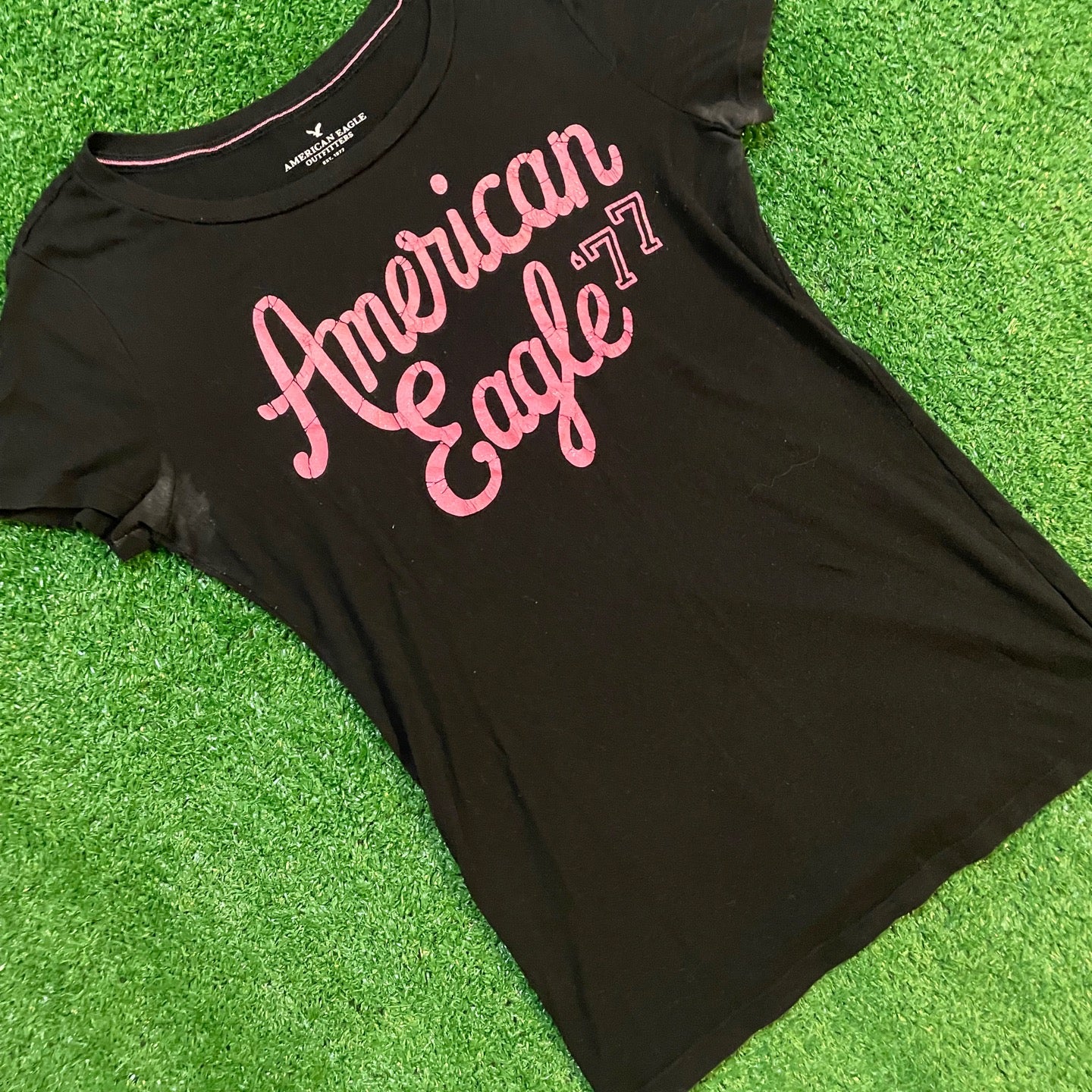 Black Vintage American Eagle Graphic Baby Tee w/ Pink Lettering
