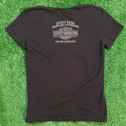 Vintage Harley Davidson Skull and Roses Graphic Black and Silver T-shirt