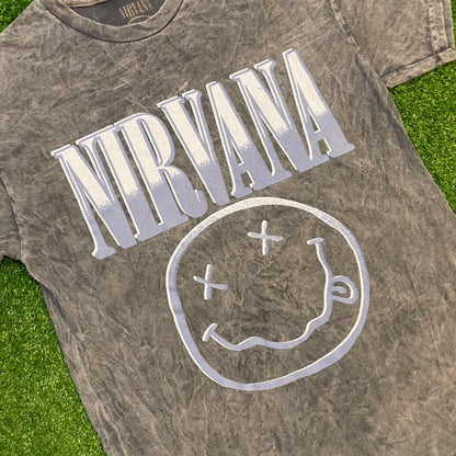 Greyish Blue Acid Washed Graphic Nirvana Logo Tee