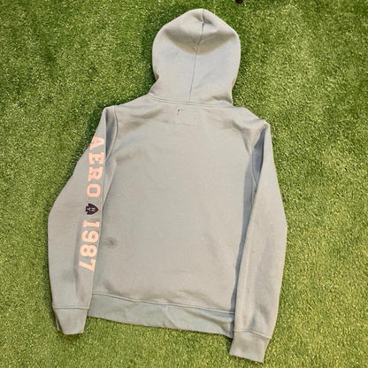 Light Blue Aeropostale Graphic Hoodie w/ White Accents