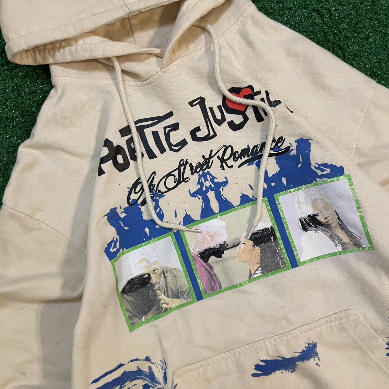 Vintage Cream and Blue Graphic 'PoeticJustice' Streetwear Hoodie