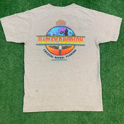 Grey and Blue Vintage Harley Davidson Graphic Pocket Tee