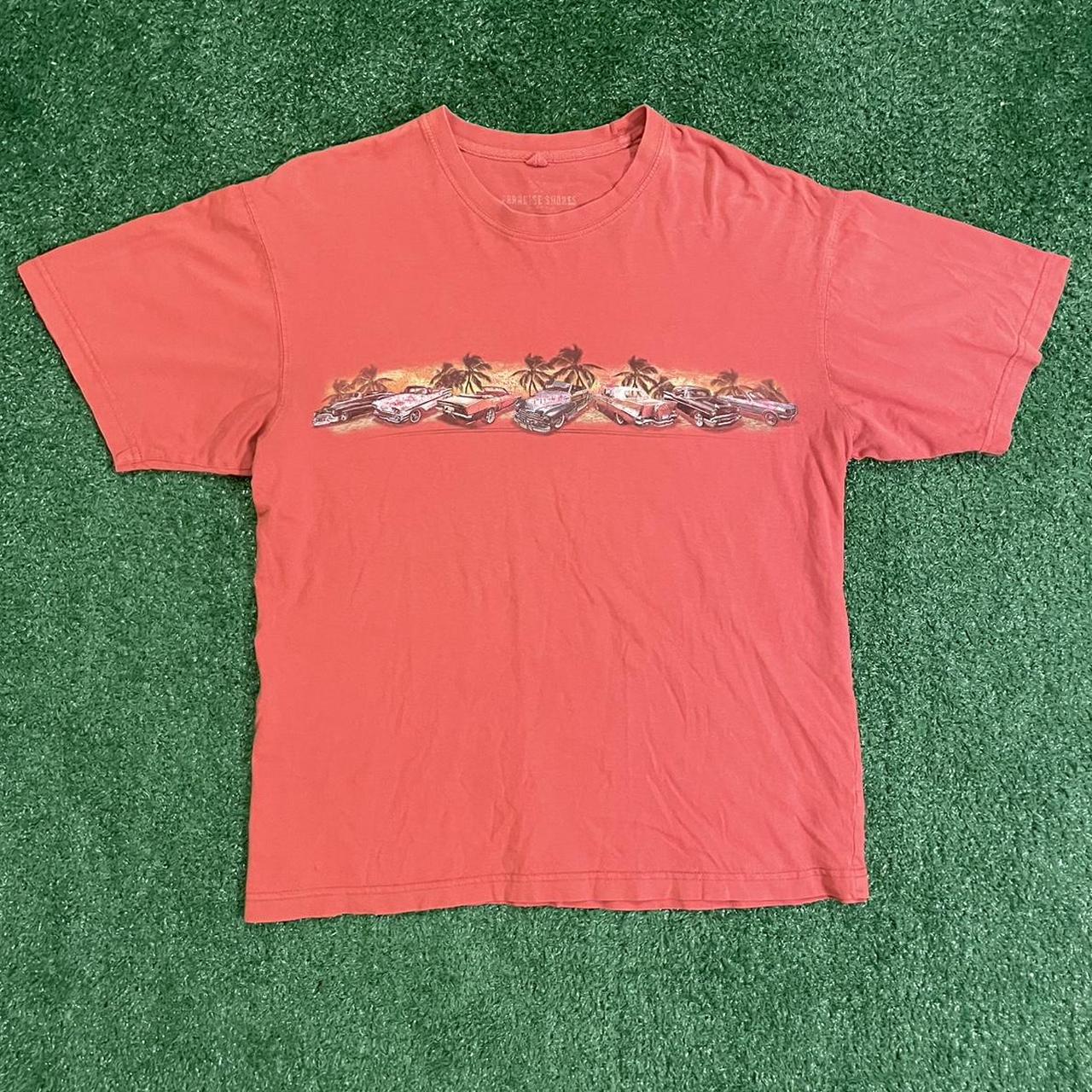 Orange Graphic Tee w/ Unique Design, Featuring a bold Hawaiian racing, eye-catching print