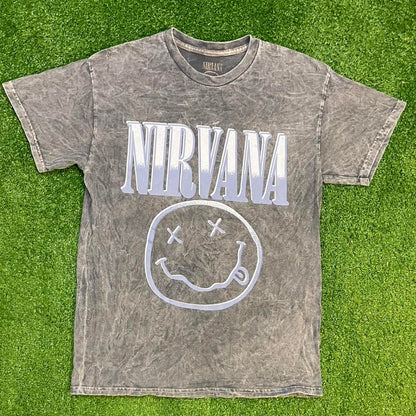 Greyish Blue Acid Washed Graphic Nirvana Logo Tee