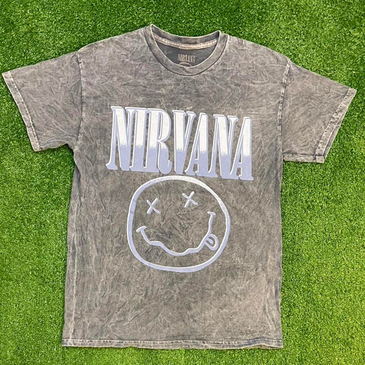 Greyish Blue Acid Washed Graphic Nirvana Logo Tee