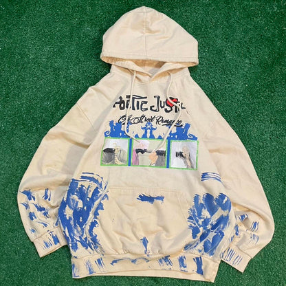 Vintage Cream and Blue Graphic 'PoeticJustice' Streetwear Hoodie