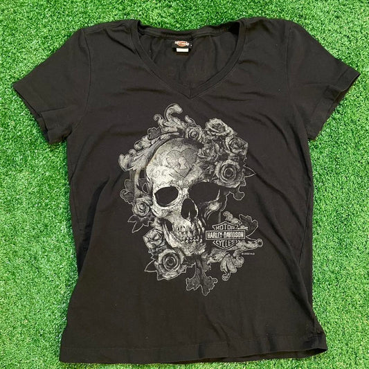 Vintage Harley Davidson Skull and Roses Graphic Black and Silver T-shirt