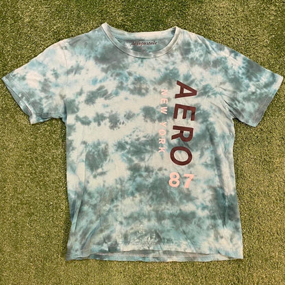 Vintage Aeropostale Graphic Tie-Dye Blue and White Shirt